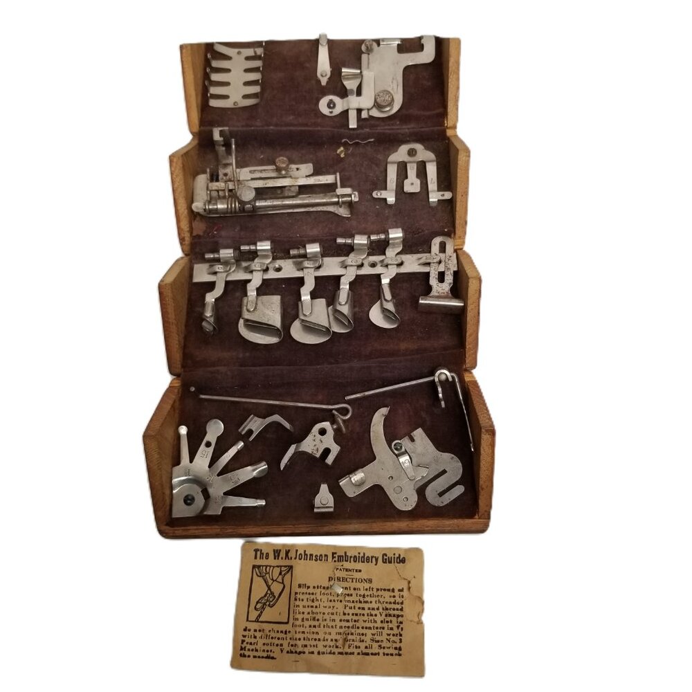 Antique Singer 1889 Oak Puzzle Box Attachments WK Johnson Embroidery Guide Rare